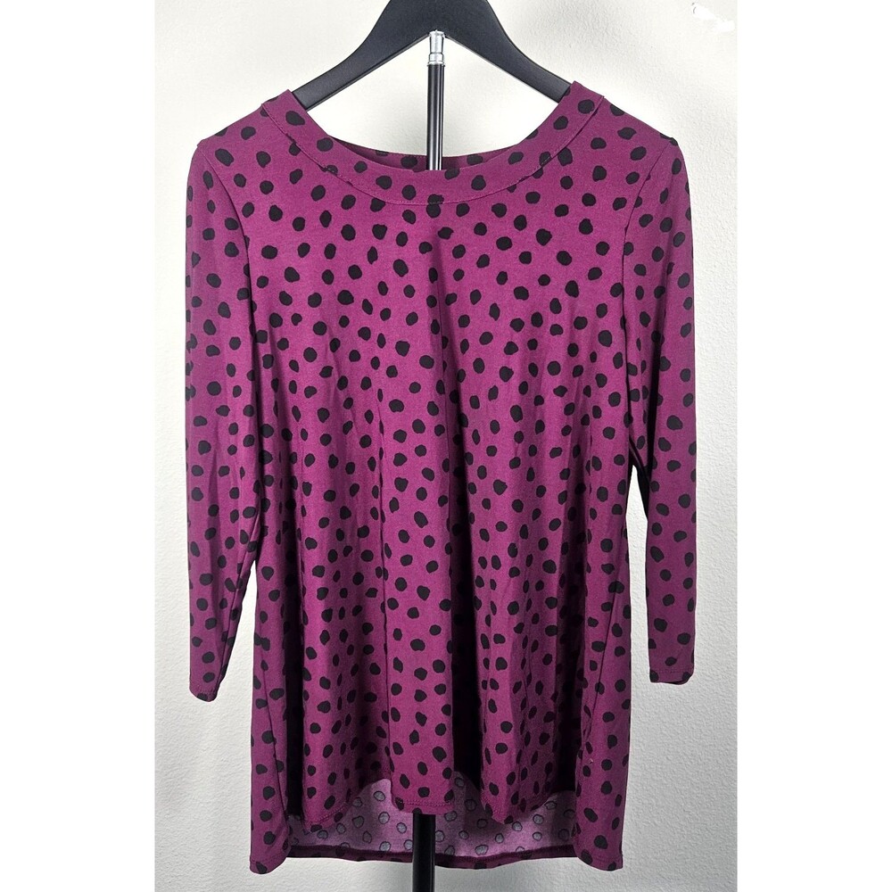Anne Klein Purple Black Polka Dot Tunic Top Medium 3/4 Sleeve Stretch Blouse